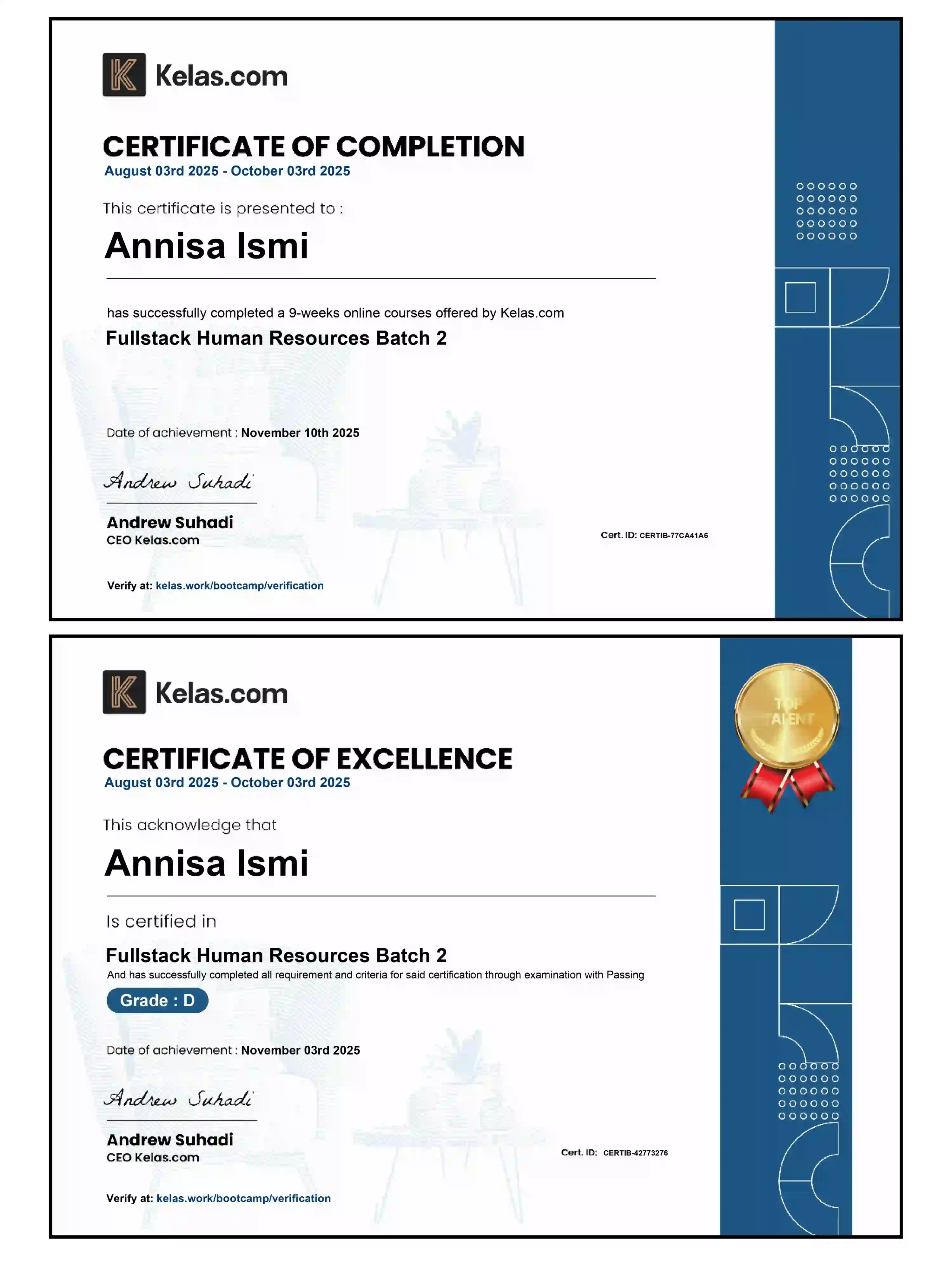 Certificate of Completion / Excellence